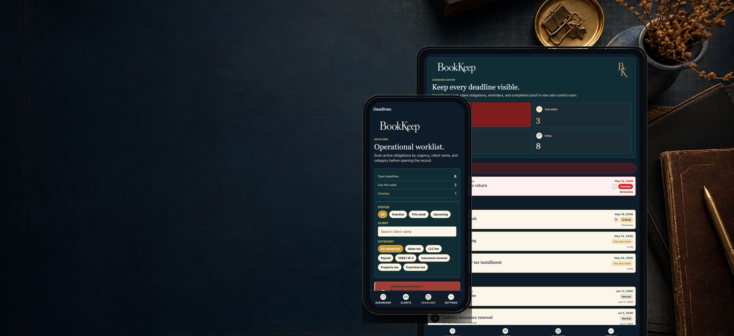 BookKeep shown on phone and tablet screens