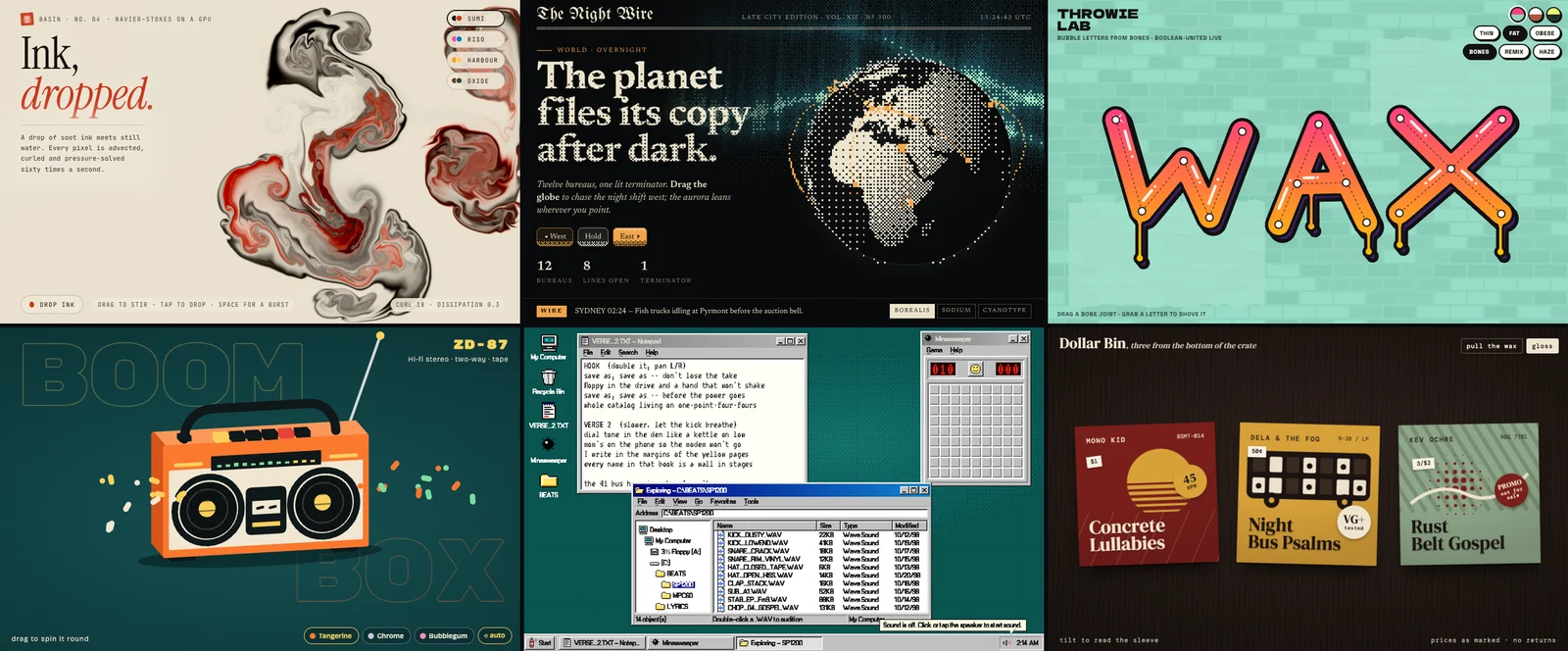 A grid of live web demos: ink in water, a dithered globe, bubble-letter graffiti, a 3D boombox, a Windows 98 desktop and tilting record sleeves